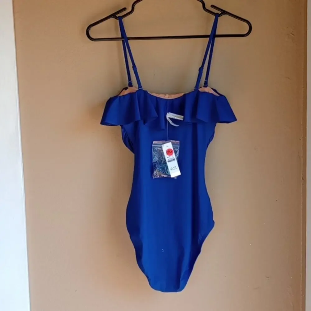 J.Crew Cobalt Blue One Piece Athletic Ruffled Bathing Suit Size XS